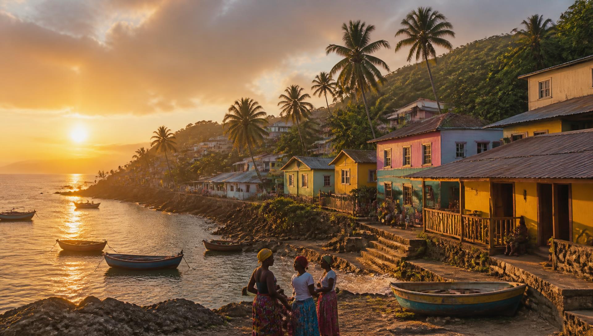 Haitian coastal village at golden hour with palm trees and colorful houses
