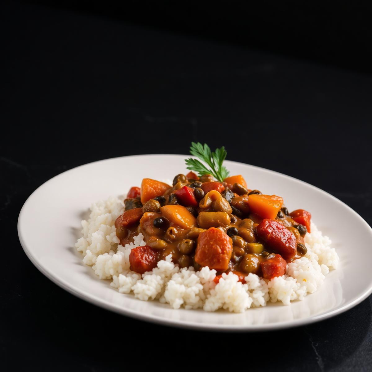 Haitian legume stew served with fried pork and rice