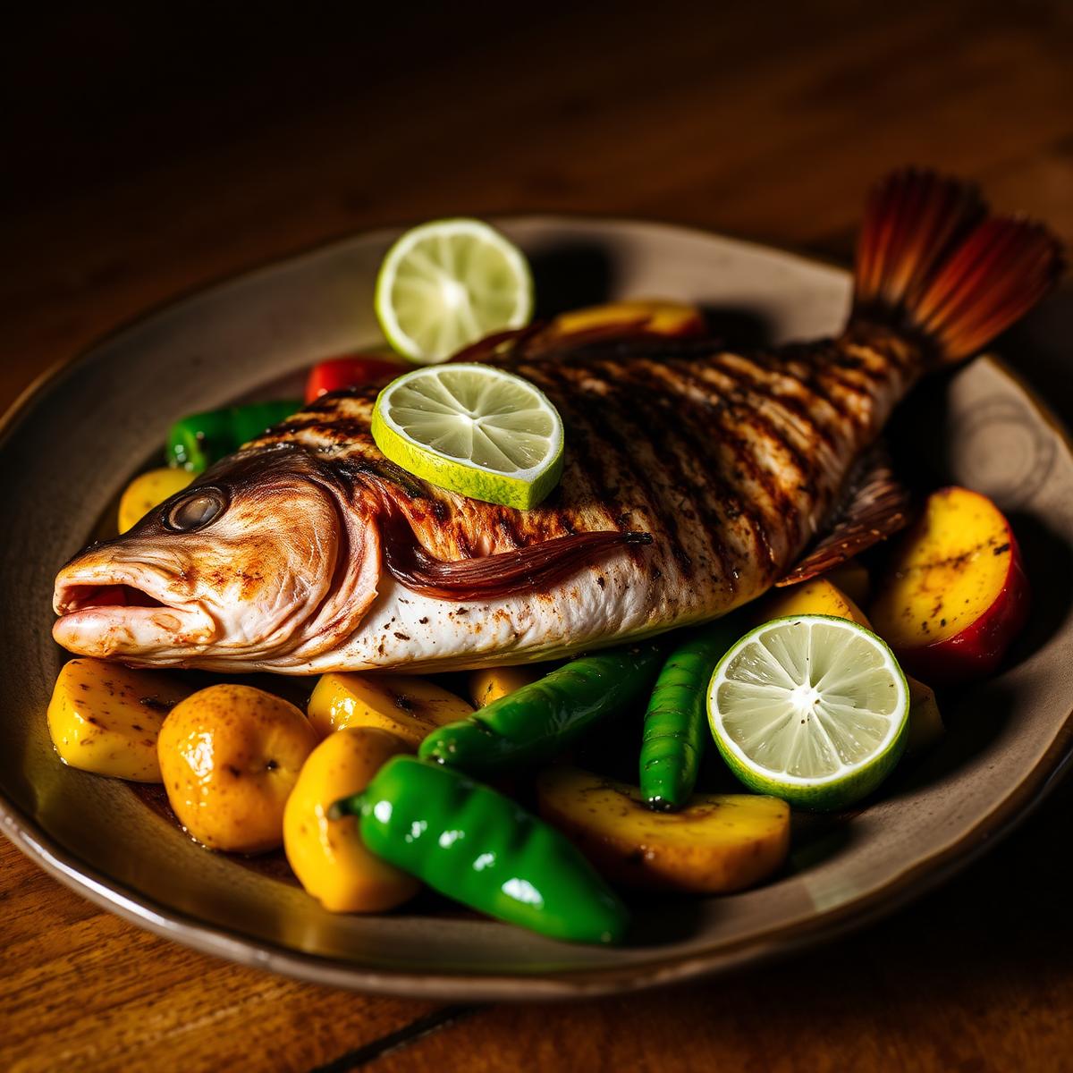 Whole red snapper with onions, peppers and lime