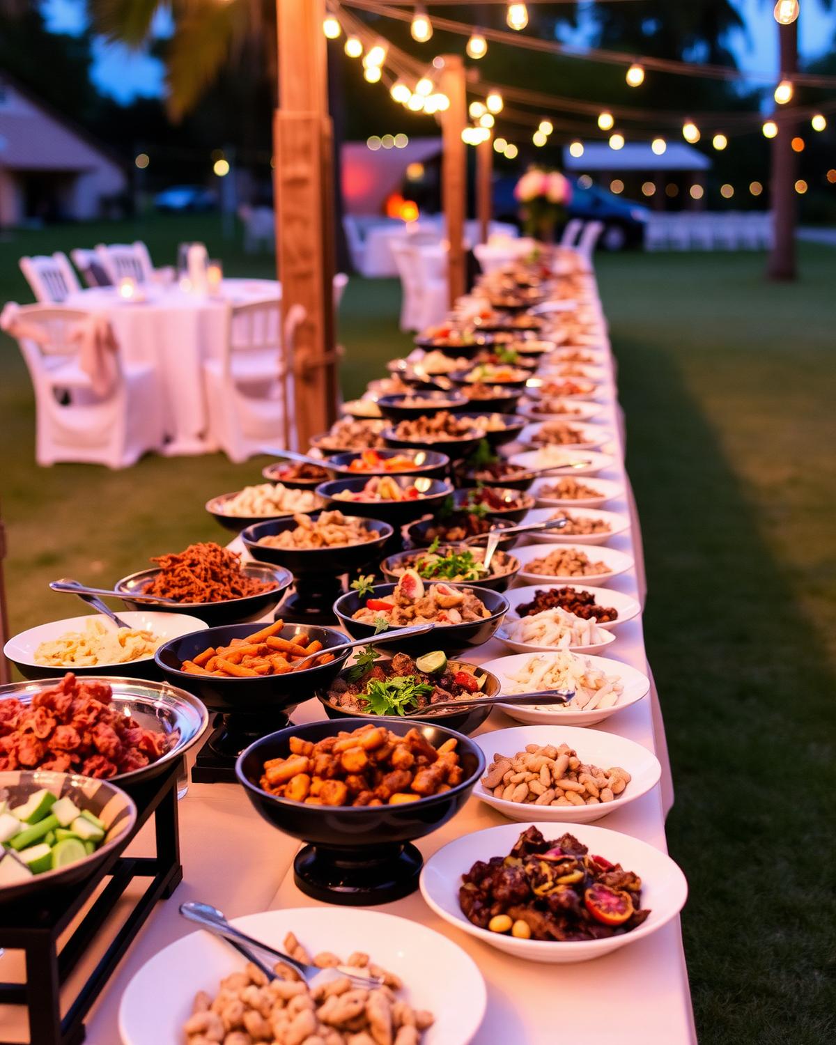 Catering buffet of Caribbean dishes at an evening event