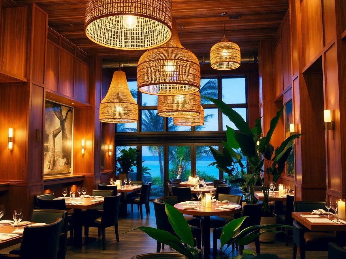 Warm restaurant dining room with rattan lighting