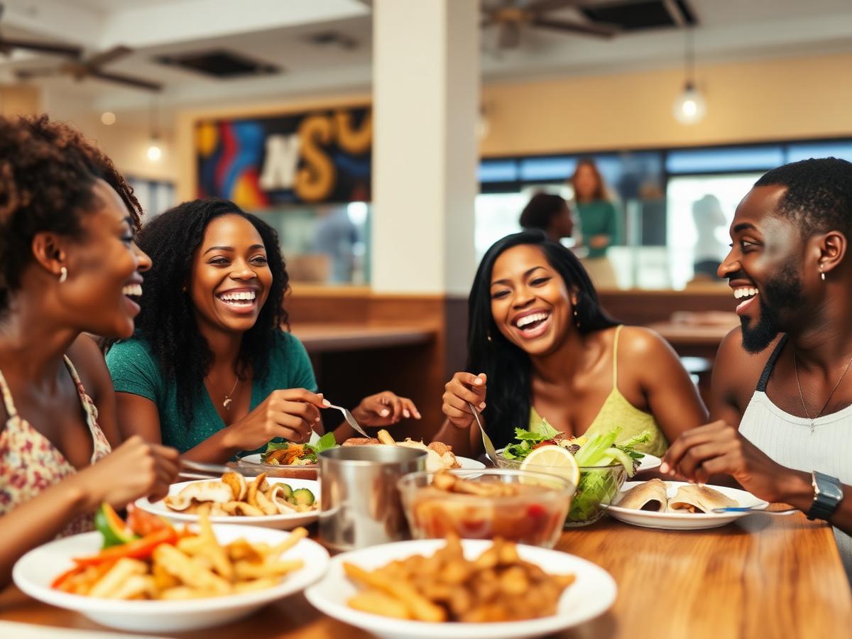 Guests laughing over a shared Caribbean meal