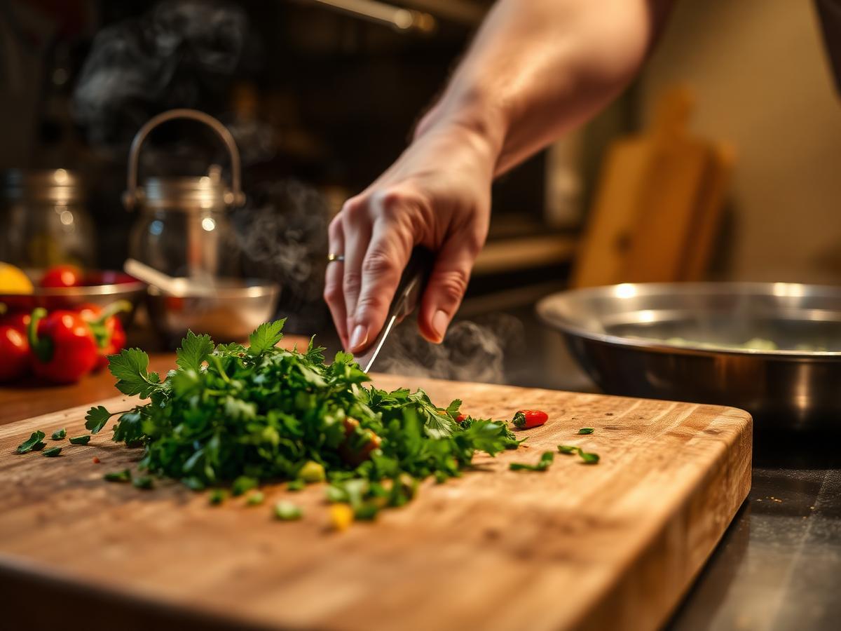 Fresh herbs and peppers being chopped