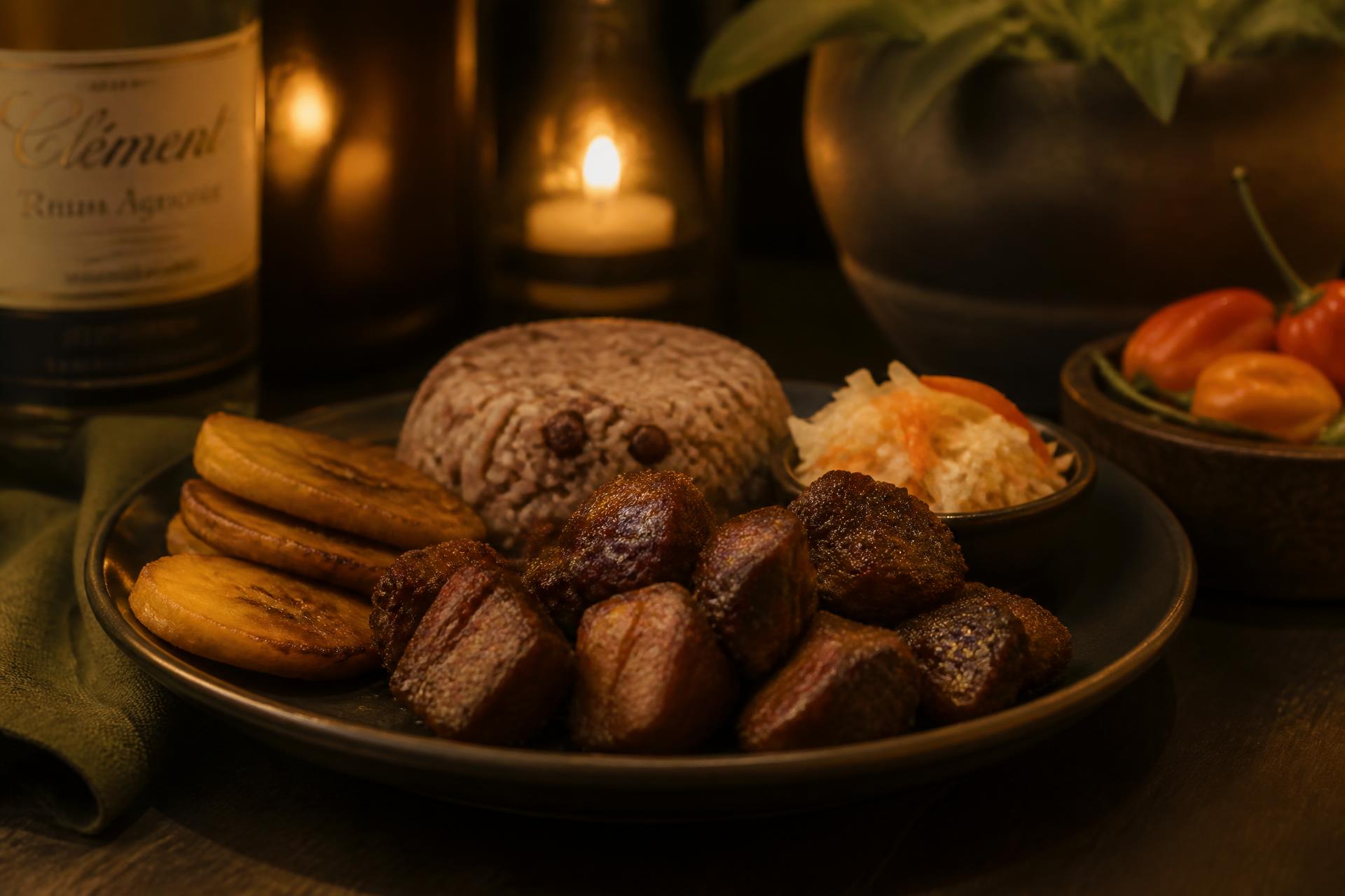 Haitian griot with rice and beans, plantains and pikliz by candlelight